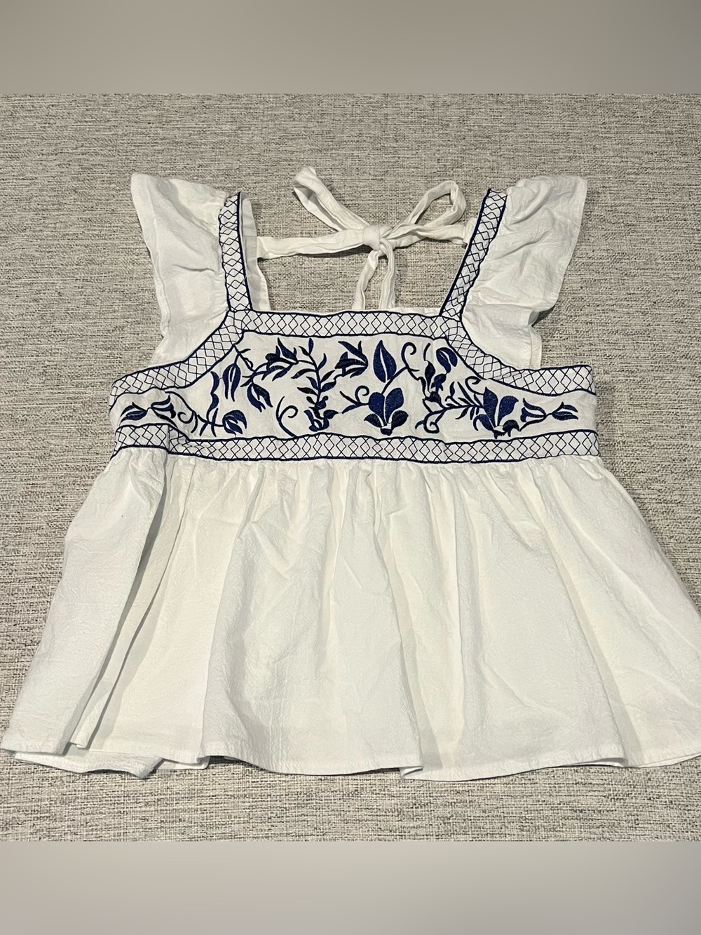 Amazon White Top with Navy Floral Embroidery